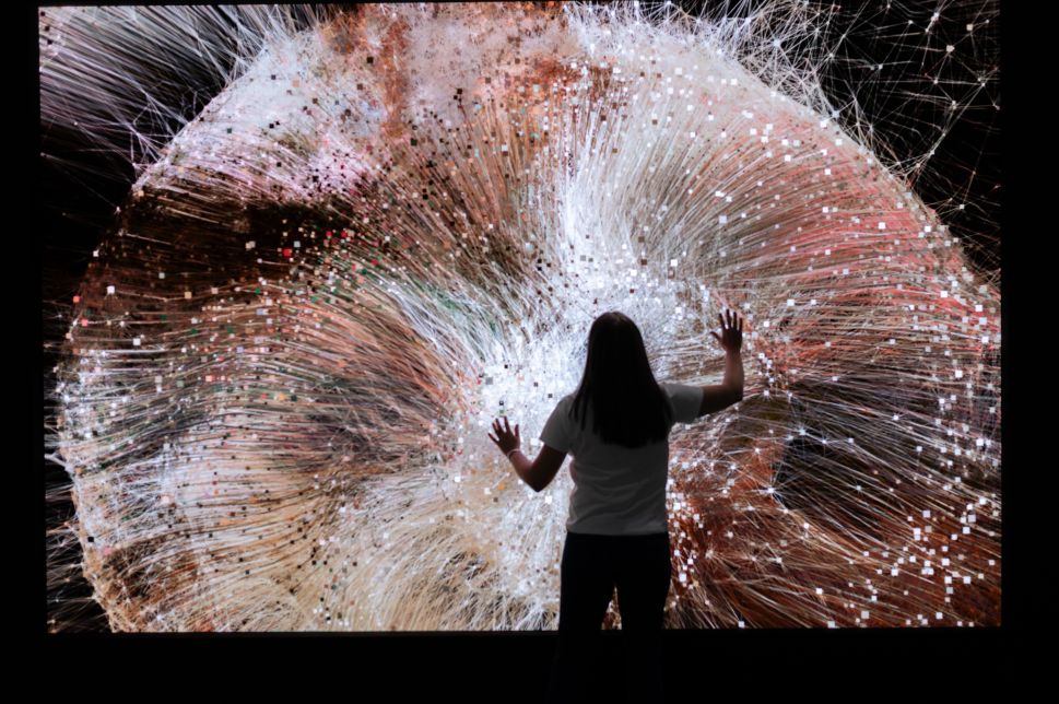 A person stands with hands raised toward a large brightly lit digital screen filled with swirling, hair-like lines and pixel clusters that form an abstract, moving pattern.