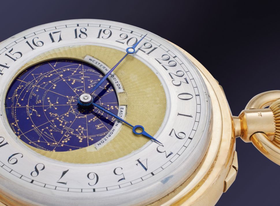 A close-up view of the “Grosse Pièce” pocket watch shows its astronomical star chart dial with golden constellations, blue hands and a surrounding 24-hour scale.