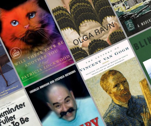 A collage of book covers set in a grid and tilted to the left