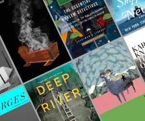 A collage of eight book covers set in a grid tilted slightly to the left