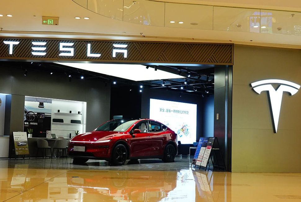 A tesla car in a mall.