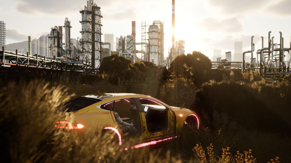 A hyperreal cinematic image shows a yellow self-driving car with its doors open and neon lights glowing along its frame, abandoned in tall grass at sunset, with a sprawling industrial skyline of pipes and refinery towers in the background, illustrating Lawrence Lek’s dystopian corporate world in NOX.