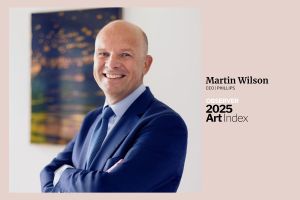 Professional portrait of Martin Wilson, CEO of Phillips. The image includes "Observer 2025 Art Index" branding with his name and title "CEO, Phillips" on the right side.