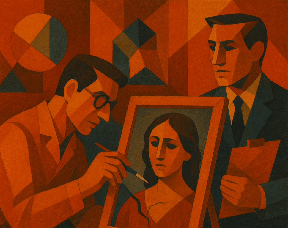 A cartoonish semi-cubist image of a man in glasses daubing a painting of a woman with a paintbrush while a man in a suit carrying a clipboard looks on
